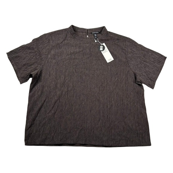 Eileen Fisher Tops - Eileen Fisher Top Womens Large Rye Brown Crinkle Mock Neck Short Sleeve Career